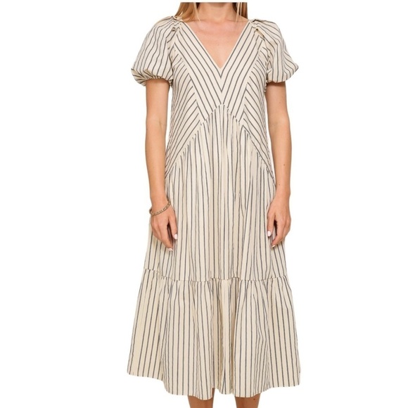 Lumiere Women’s Midi Dress Large Cream Striped 100% Cotton Cottagecore Prairie - Picture 4 of 12